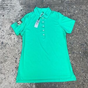 Peter Millar E4 Wicking 50+ UPF Vibrant Green Women’s Polo Shirt M Company Logo
